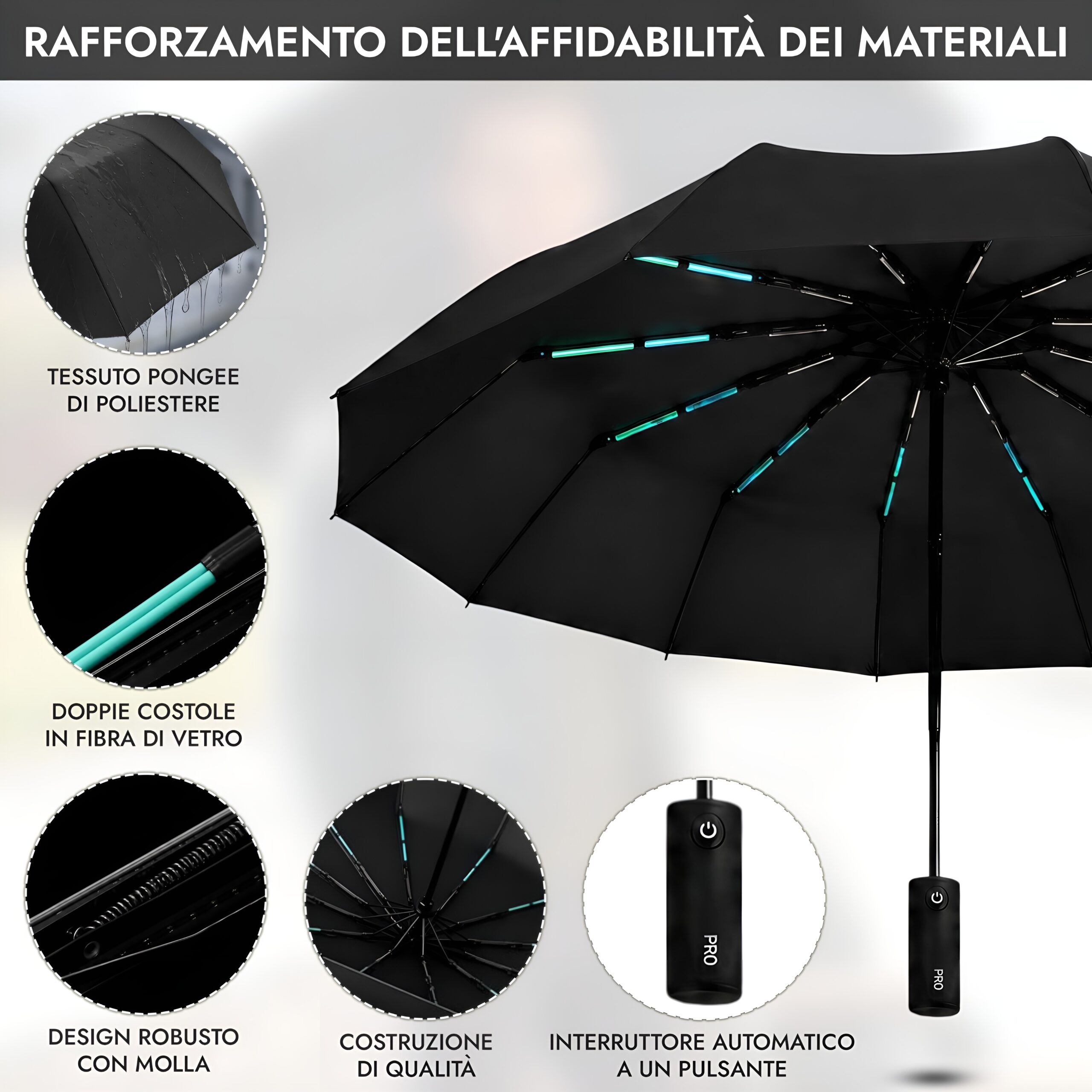 PAMORA Ombrello Automatico Antivento 105 cm Serie PRO – Nero - Image 3
